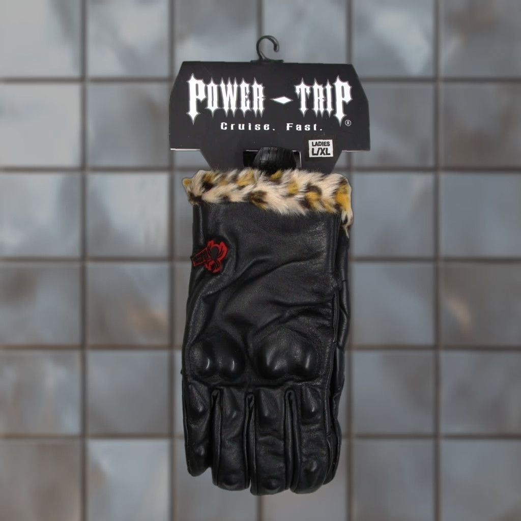 Vintage Power Trip Black Widow Leather Motorcycle Gloves Leopard Faux Fur Trim 646-0005 Size ONE SIZE - 1 Thumbnail