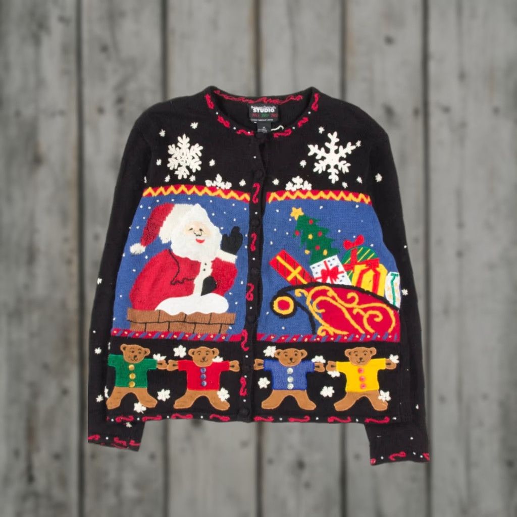 Vintage VINTAGE Designers Originals Studios Black Ugly Christmas Cardigan 57009 Medium Regular Ramie / Cotton Mens Womens Boys Girls Size M / US 6-8 / IT 42-44 - 1 Thumbnail
