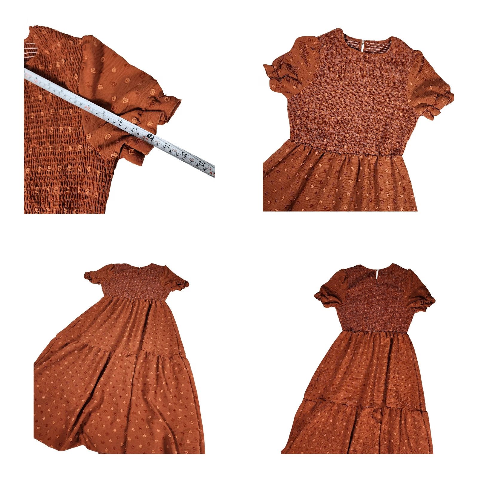 Shein SHEIN Rust Brown Swiss Dot Smocked Midi Dress Boho Tiered Short Puff Sleeve M Dress Womens Size 32" / US 10 / IT 46 - 8 Thumbnail