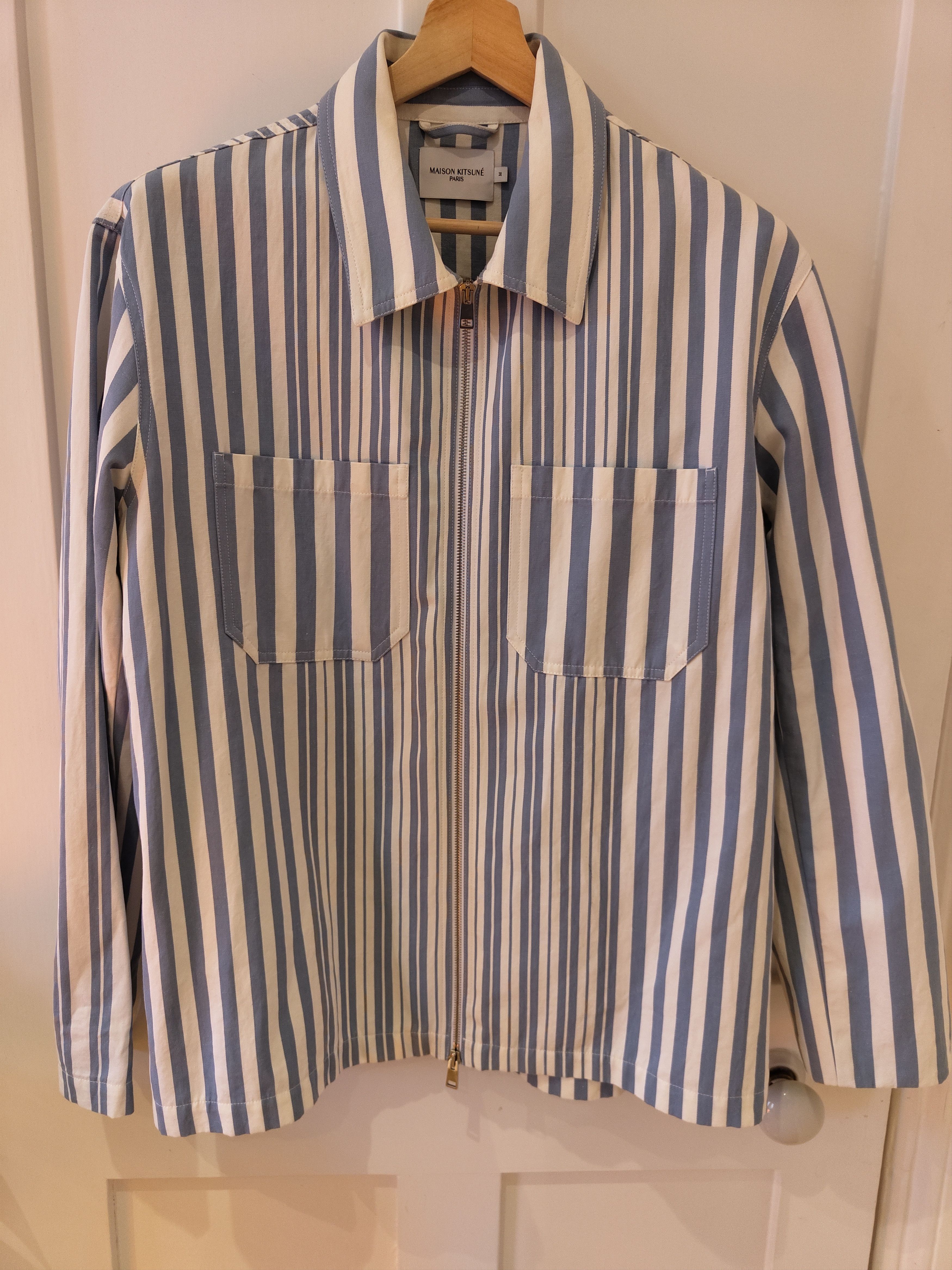 image of Maison Kitsune Blue And White Striped Zipped Overshirt in Blue White, Men's (Size Large)