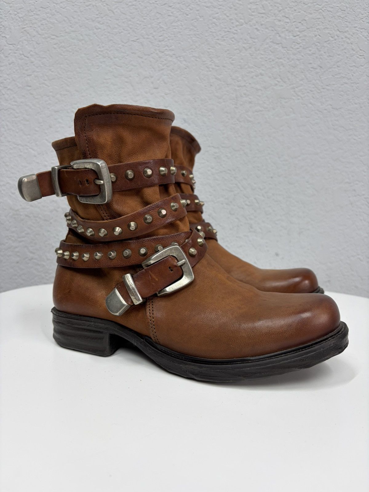 If Six Was Nine Brown Leather Studded Harness Boots Multi-Strap Biker Boots Size US 8 / IT 38 - 14 Thumbnail