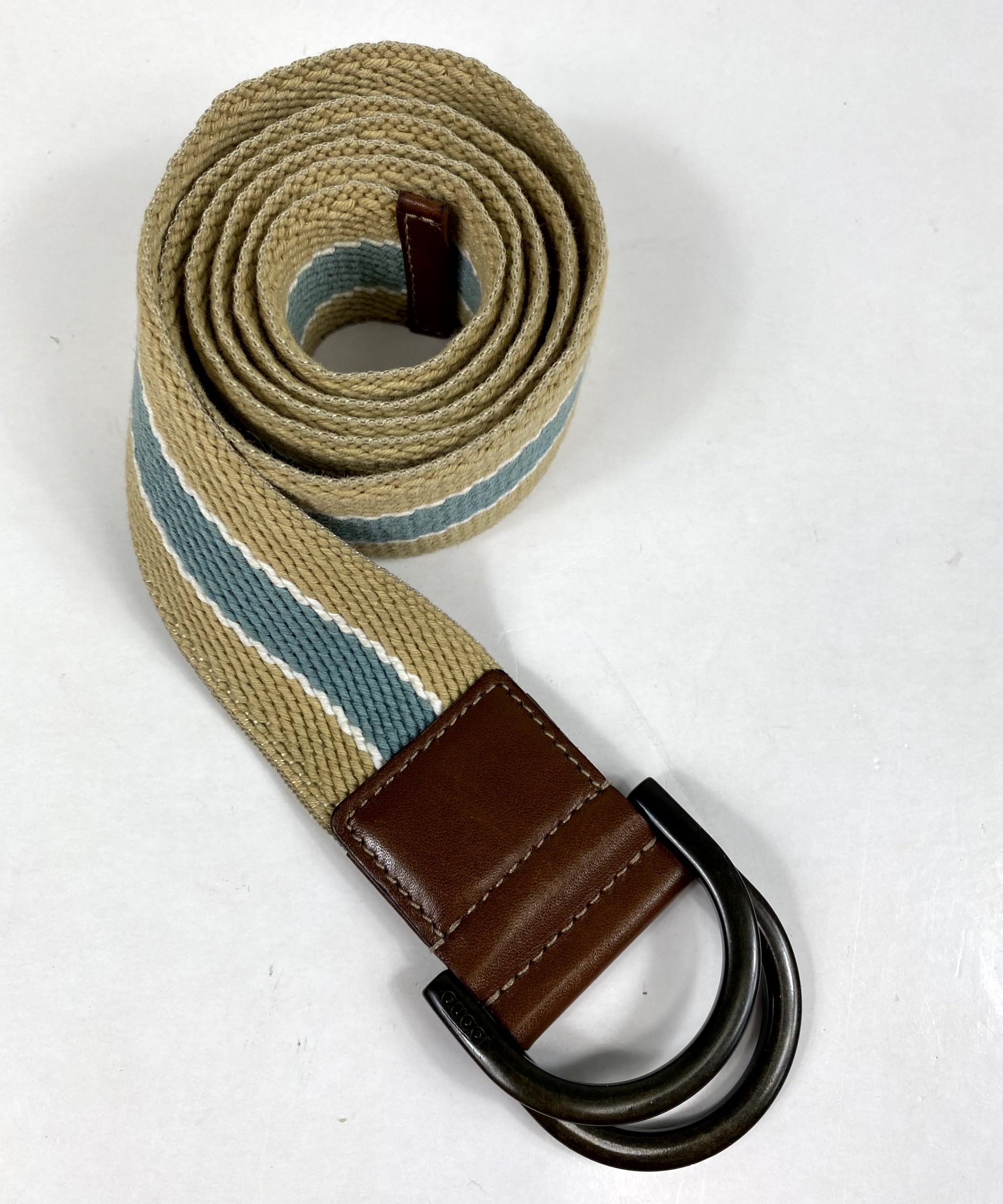 image of Gucci Web Beige/blue Stripes Logo D-Ring Belt Size 90/36, Men's