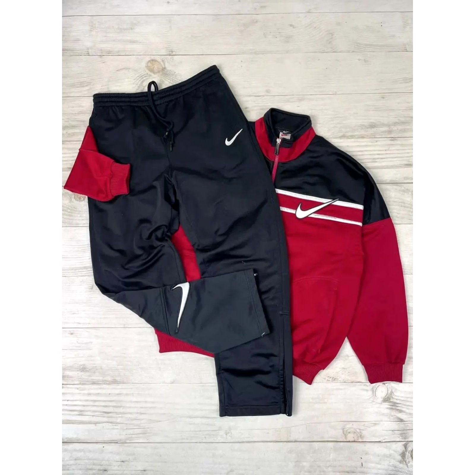 Nike VINTAGE Nike Tracksuit Jacket Nike Tracksuit Pants 90s Mens M Black Red Nike Swoosh 2 Piece Set Vintage 90s Theme Mens Size M Black Red Tracksuit Size 40R - 2 Thumbnail