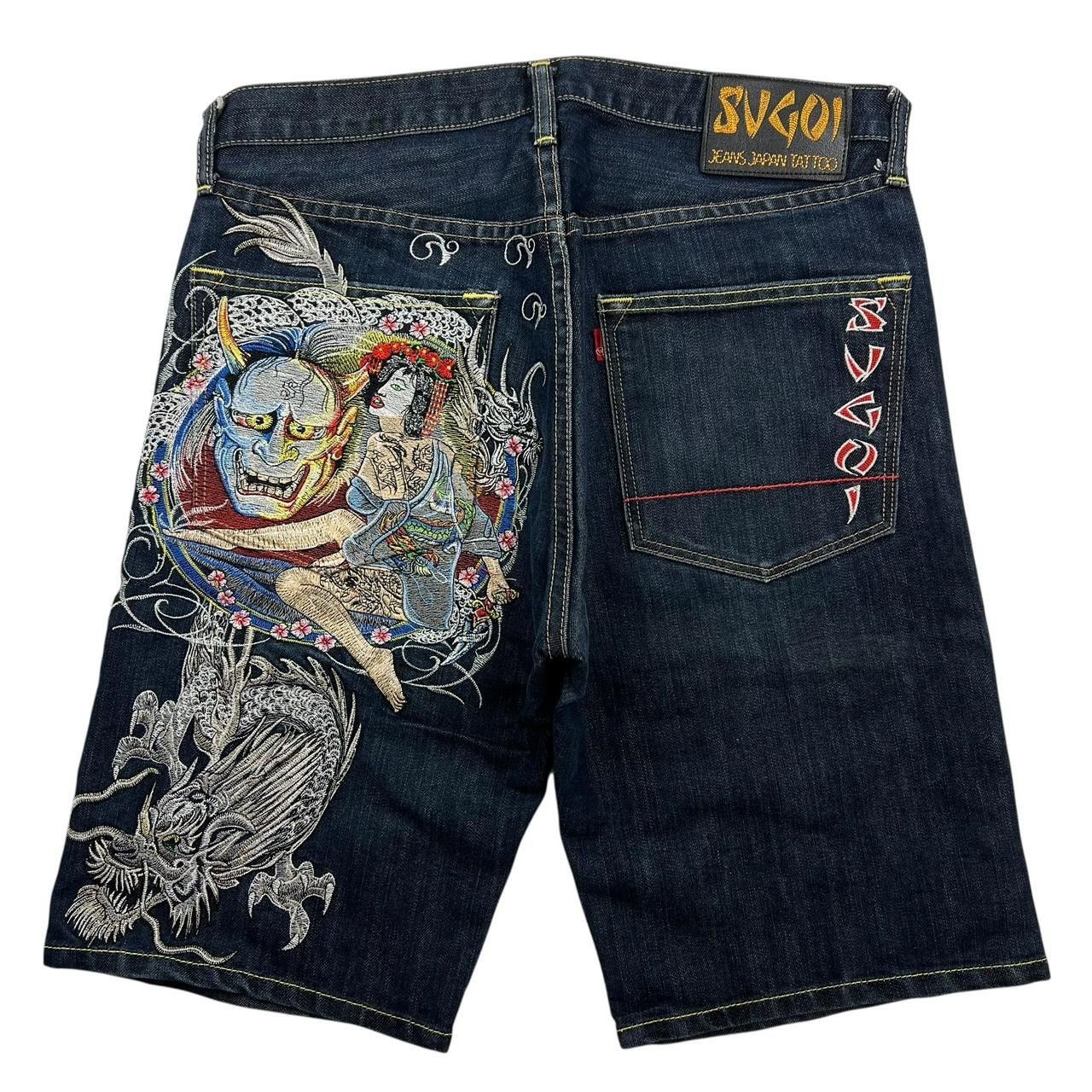 Japanese Brand Sugoi Embroidered Dragon Japanese Denim Shorts - Waist 33 Size US 33 - 1 Thumbnail