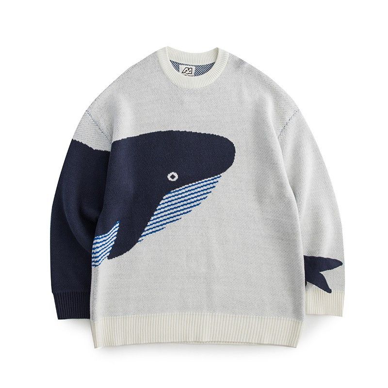 Japanese Brand Gray casual retro cartoon whale print knitted sweater Size US L / EU 52-54 / 3 - 1 Thumbnail