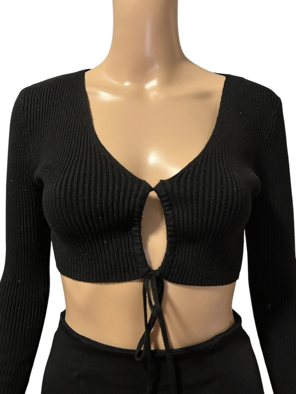 Zara Chic Black Ribbed Crop Top with Tie Detail Size S / US 4 / IT 40 - 2 Thumbnail