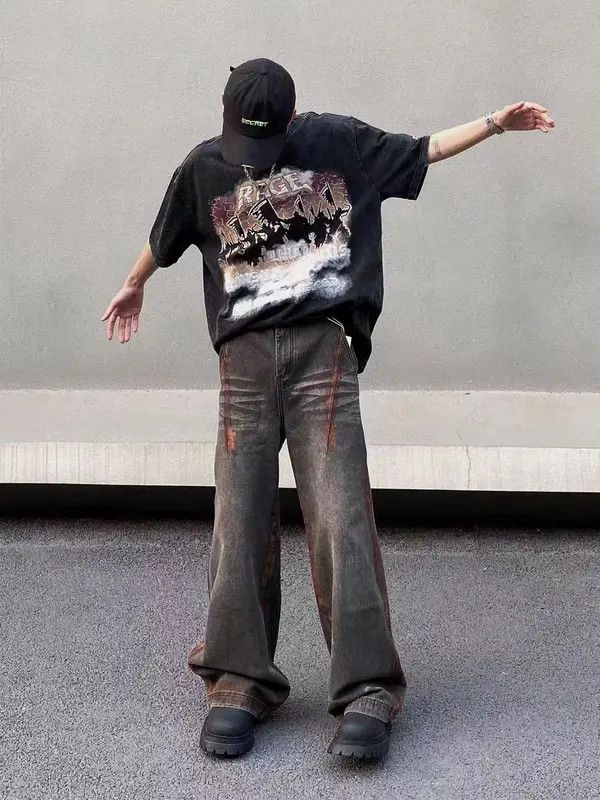 Japanese Brand VIBE Street hip-hop hand-painted rust-colored loose jeans Size US 34 / EU 50 - 2 Thumbnail