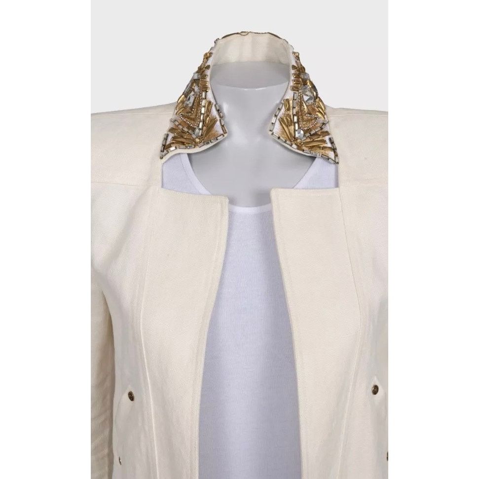 Balmain Balmain White Linen Crystal Trim Jacket - Size M (FR38) Size M / US 6-8 / IT 42-44 - 3 Thumbnail