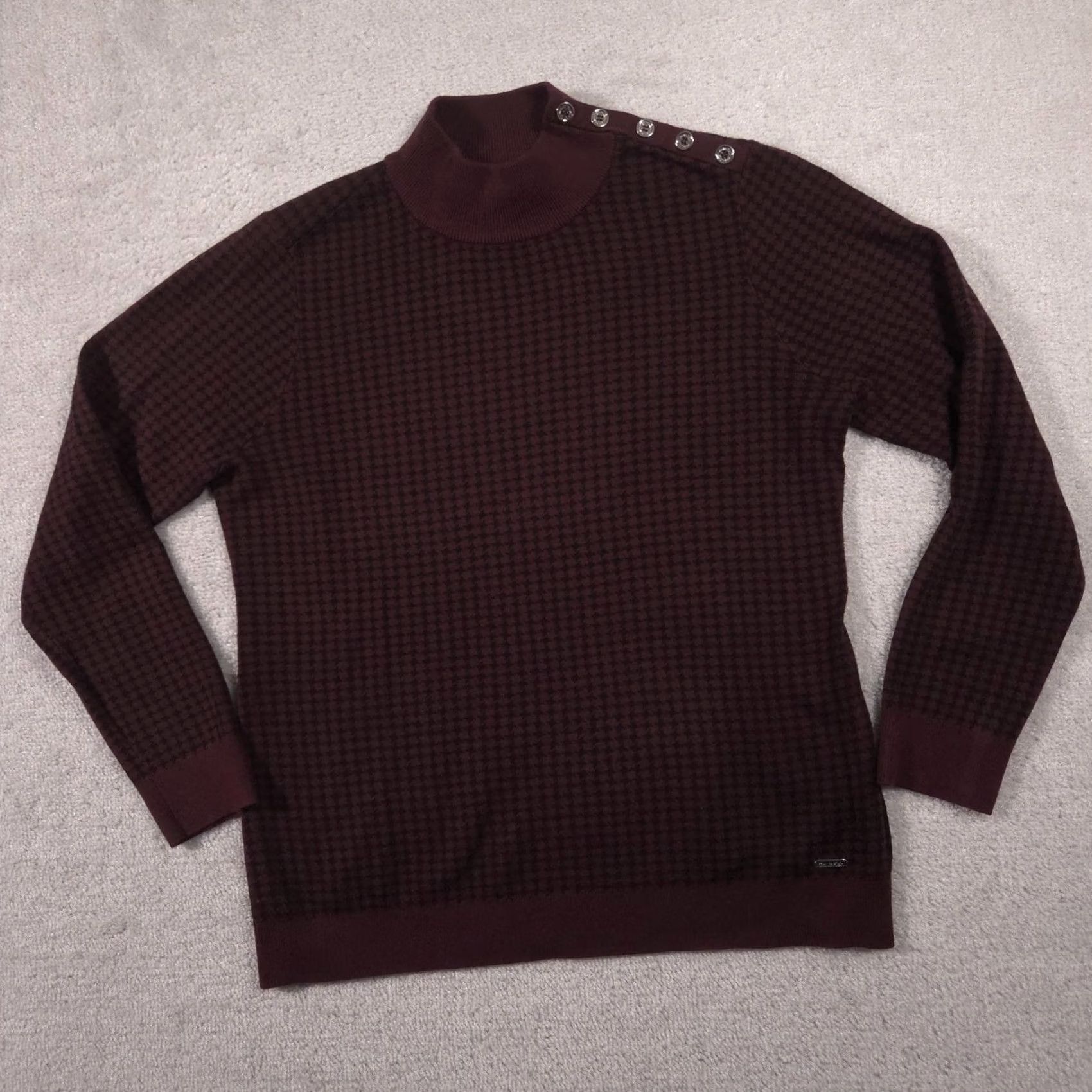Calvin Klein Calvin Klein Sweater Womens L Red Check Mock Neck Button Shoulder Knit Pullover Size L / US 10 / IT 46 - 3 Thumbnail