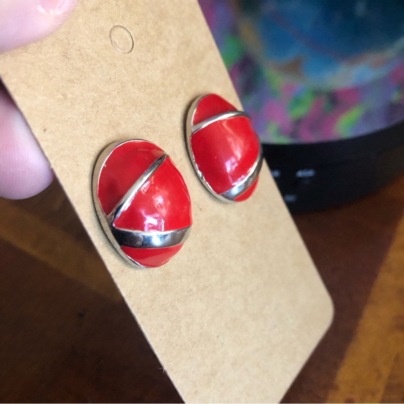Vintage Vintage oval red enamel silver setting pierced earrings Size ONE SIZE - 3 Thumbnail