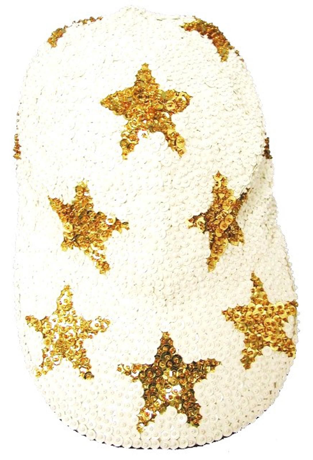 Designer Sequin Baseball Cap WHITE with GOLD STARS Size ONE SIZE - 1 Preview