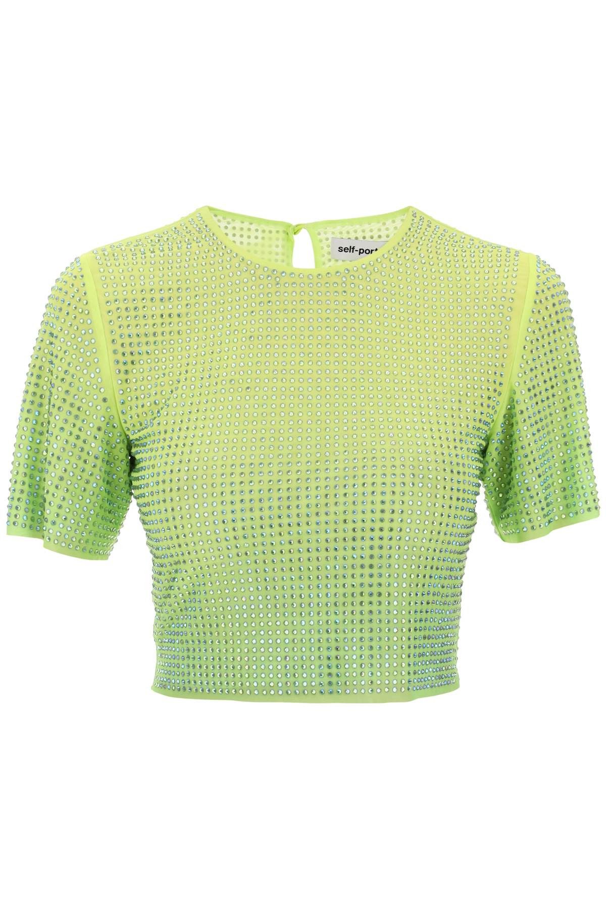 image of Self Portrait Cropped Top In Mesh With Crystals All-Over in Green, Women's (Size XS)