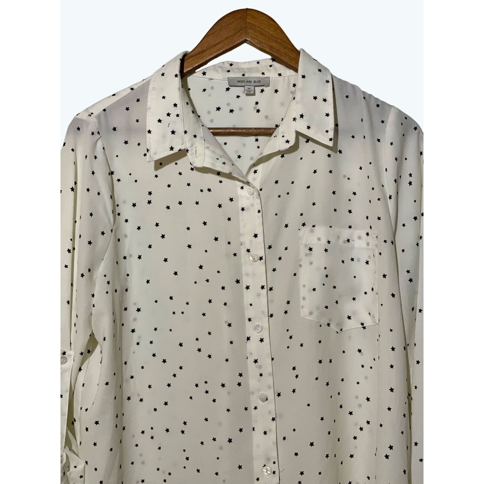 Other Skies are Blue White Star Button Up Roll Tab Sleeves Medium Size M / US 6-8 / IT 42-44 - 2 Thumbnail