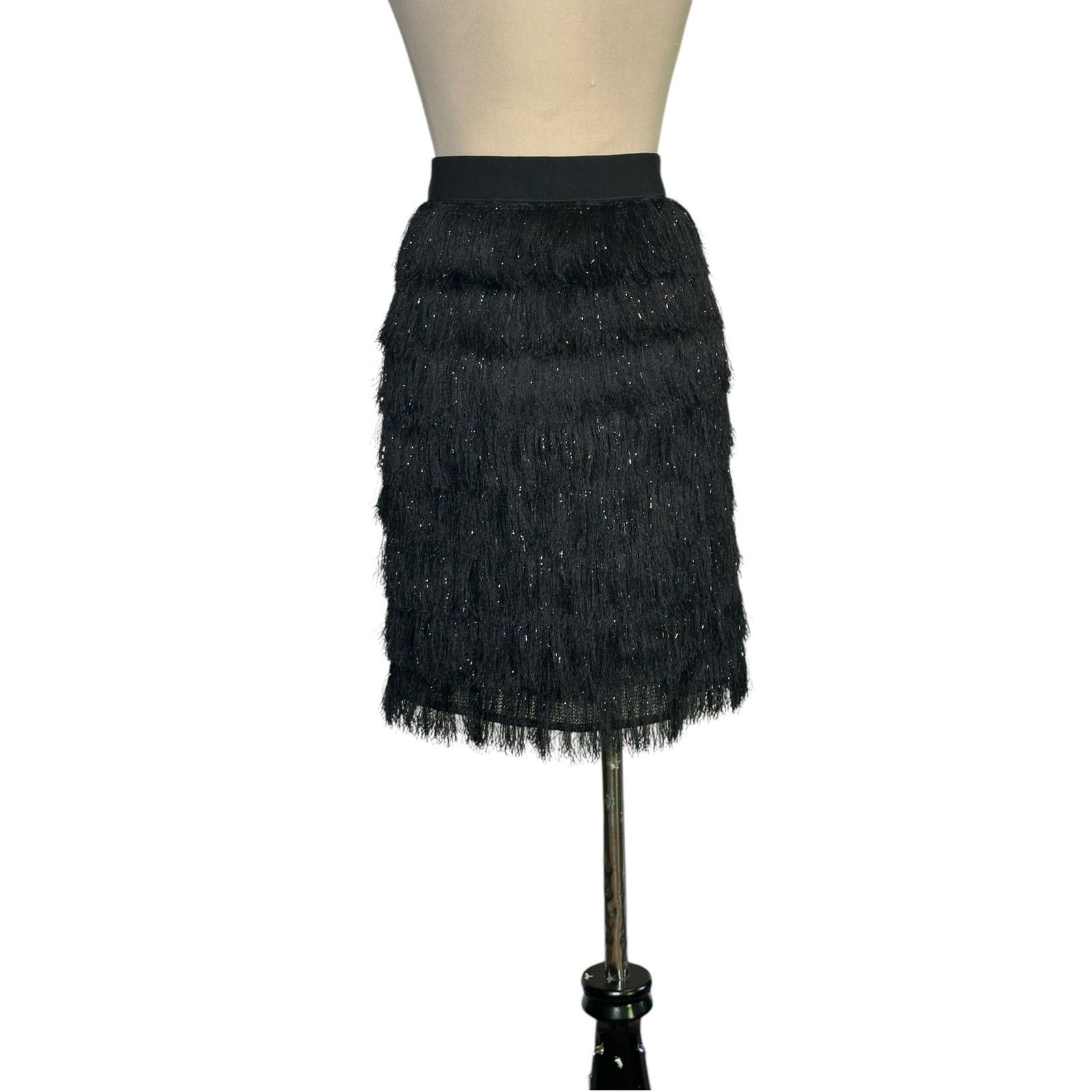 BCBGMaxAzria black metallic fringe skirt size large