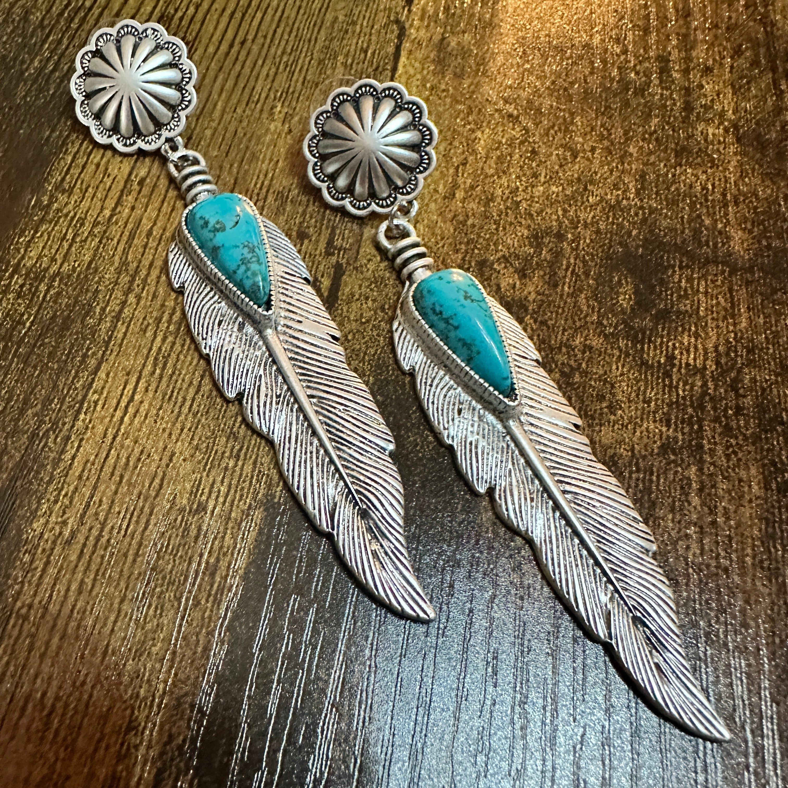 Other Feather Turquoise Post Earrings 4 Inches Long Antique Silver Size ONE SIZE - 5 Thumbnail