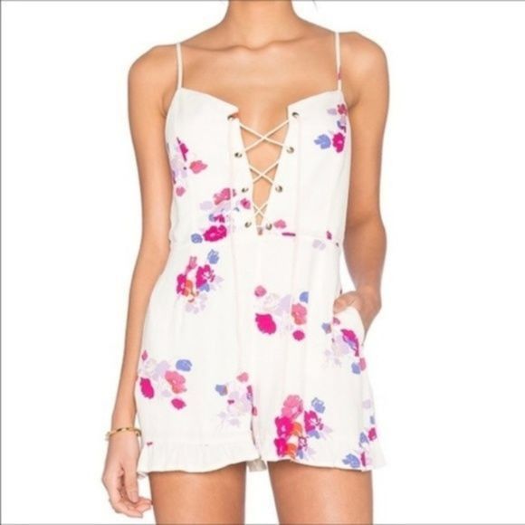 MINKPINK Minkpink Floral Lace-Up Romper With Rope Tie Front Size 27" / US 4 / IT 40 - 1 Thumbnail