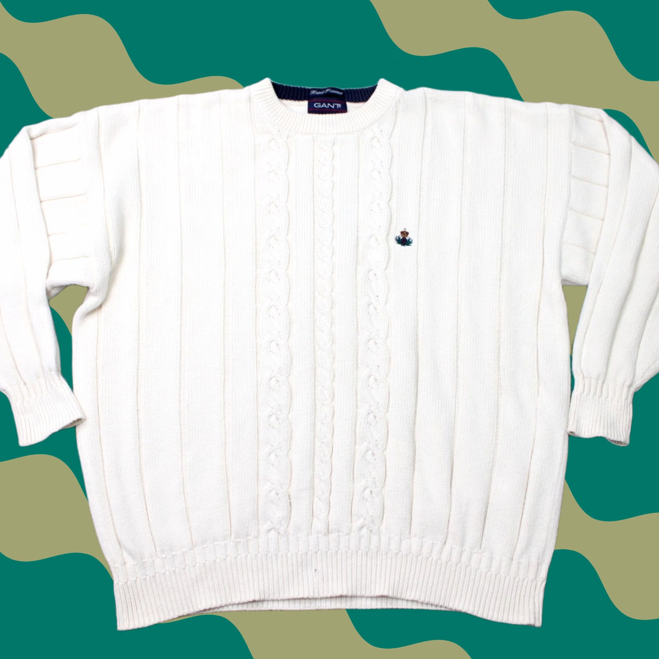 Gant VINTAGE GANT Sweater Mens XL White 100% Cotton Cable-Knit Crest Crew Neck 90s Size US XL / EU 56 / 4 - 1 Thumbnail