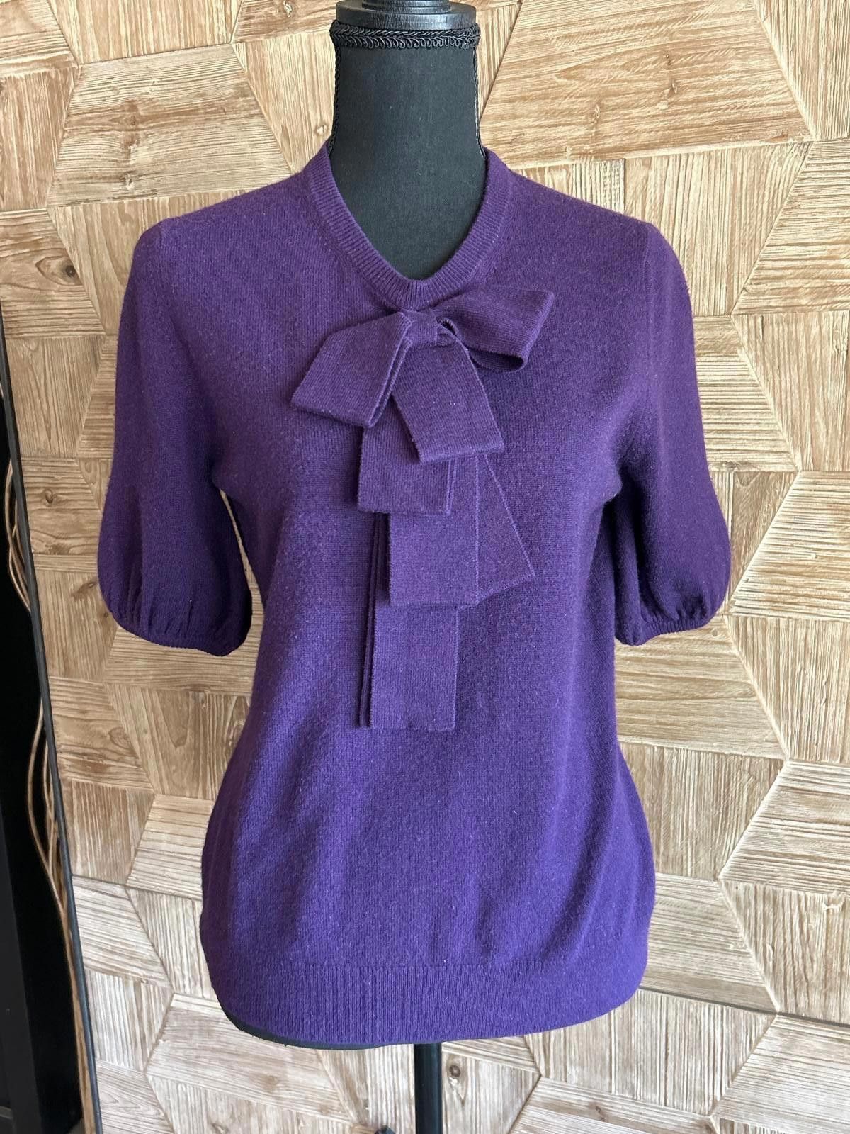 Designer Womens Tie Neck Short Sleeve Sweater Top Purple Knit Preppy Size S / US 4 / IT 40 - 2 Thumbnail