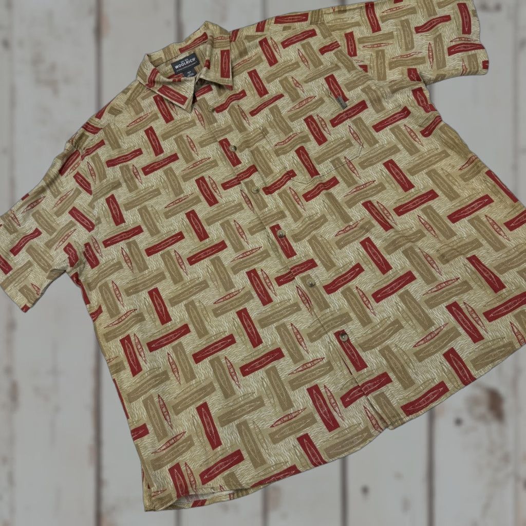 Vintage Vintage Woolrich Shirt Mens XL Beige Kayak Graphic Print Short Sleeve Button Up Size US XL / EU 56 / 4 - 1 Thumbnail