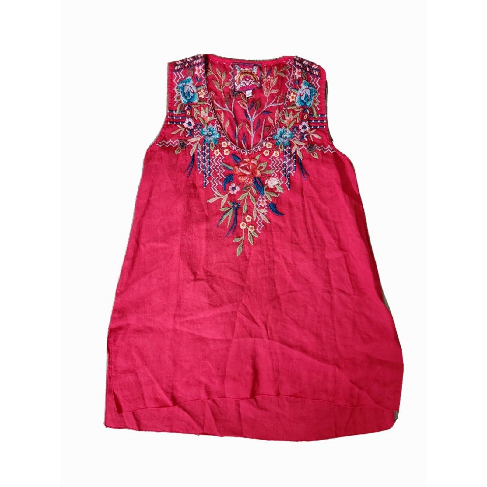 Image of Johnny Was Linen Tunic Sleeveless Red Women's Small Embroidered Floral in White