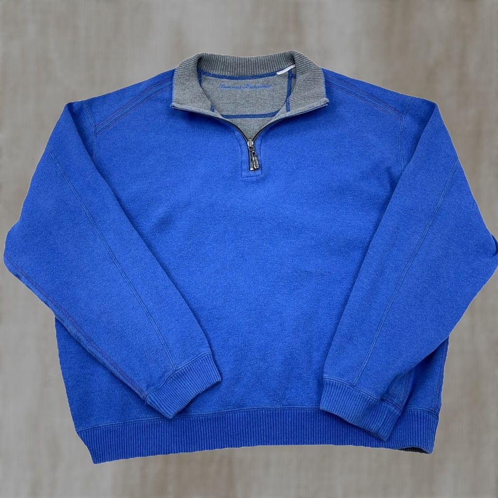 Tommy Bahama Tommy Bahama Sweater Men Large Blue Gray Quarter Zip Reversible Sweatshirt Fish Size US XL / EU 56 / 4 - 1 Thumbnail