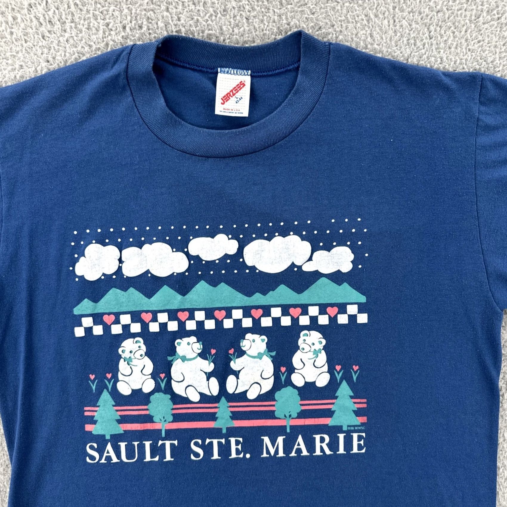 Jerzees VINTAGE Jerzees Shirt Mens L Blue Single Stitch Crew Neck Short Sleeve Made In USA 1988 USA Sault Ste. Marie Mens Size US L / EU 52-54 / 3 - 5 Thumbnail