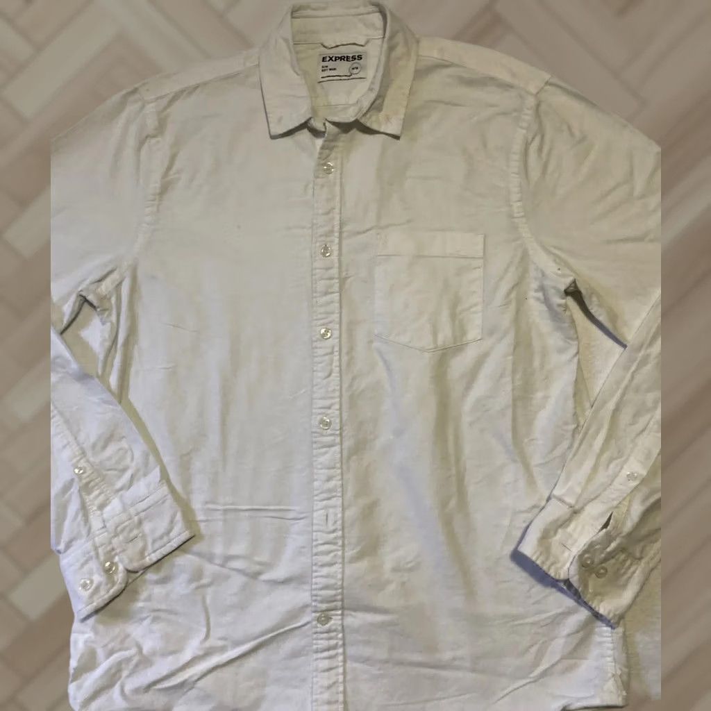 Express Express Dress Shirt Men 15-15.5 Med Regular White Spotted Long Sleeve Button Cotton 100% Collared Buttoned Shirt Mens Size 40R - 1 Thumbnail