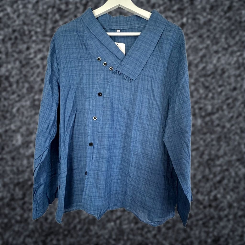 Nique VINTAGE E-Retro Womens Blue Plaid Button-Up Blouse Top With Unique Collar Size XXL New Size XXL / US 16-18 / IT 52-54 - 1 Thumbnail