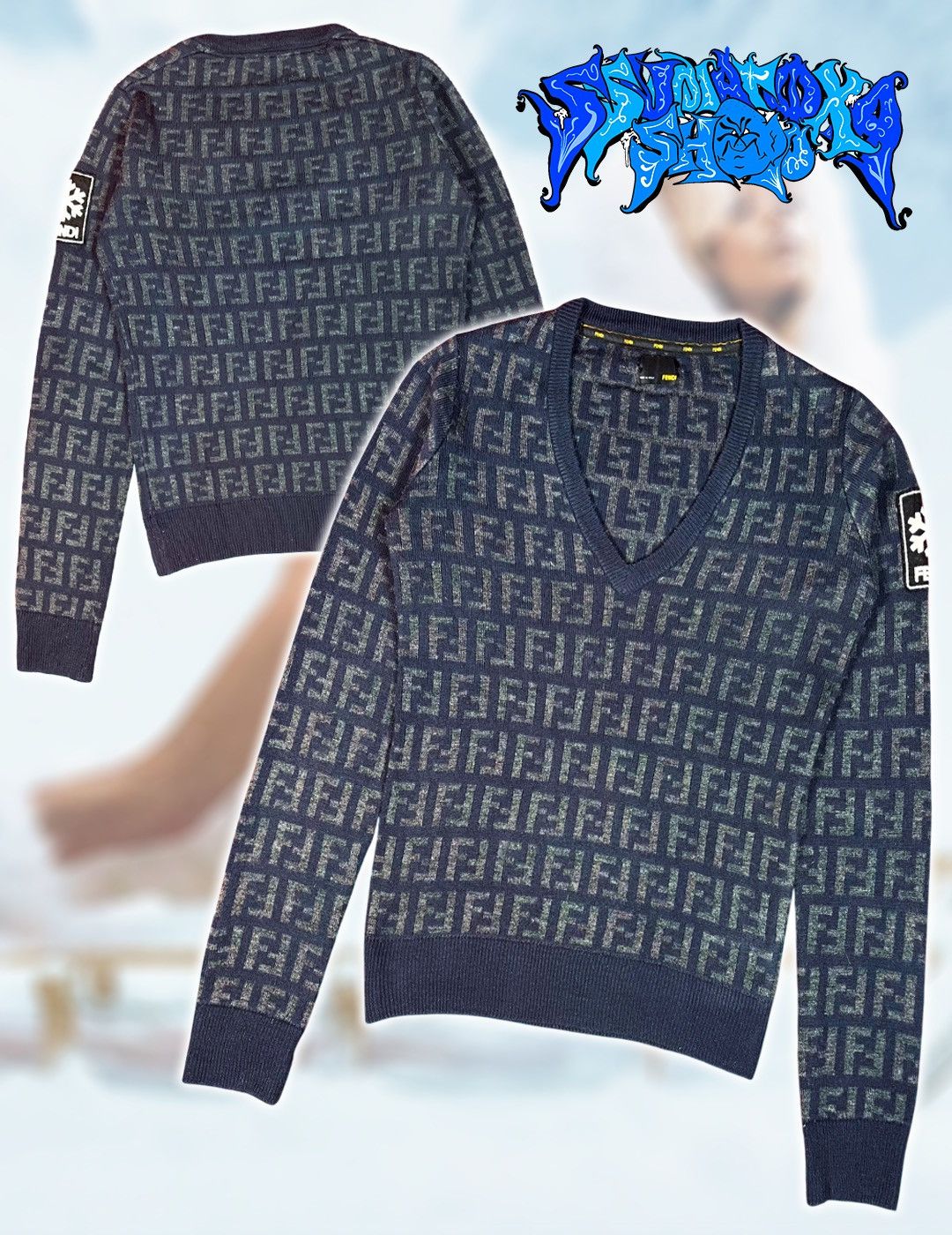 Fendi Vintage Luxury Fendi FF Monogram Wool V-Neck Sweater Navy Size M / US 6-8 / IT 42-44 - 1 Thumbnail