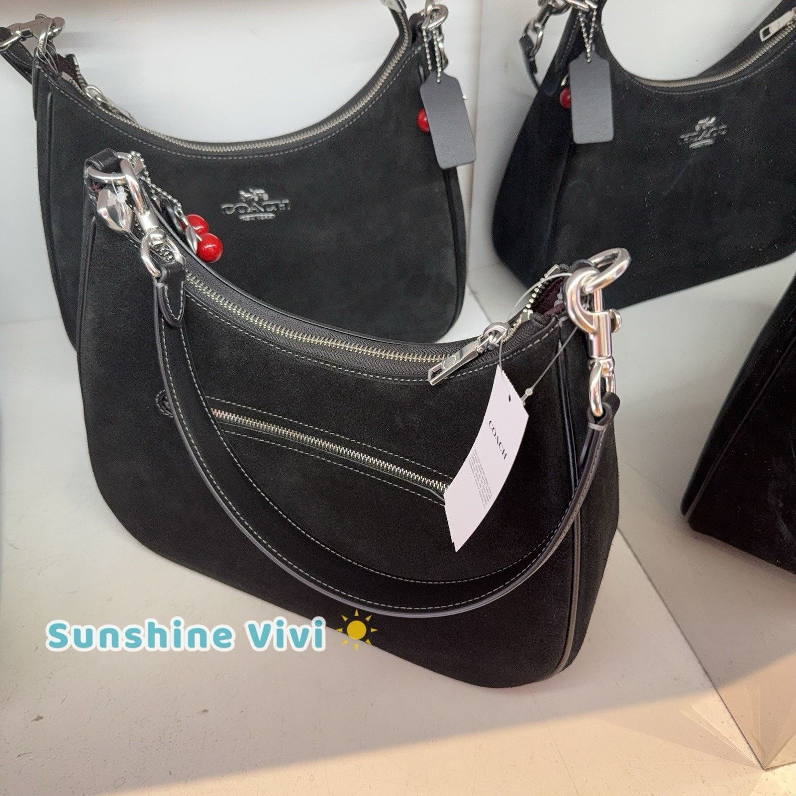 Coach NWT COACH Teri Hobo Bag Cherry Charm CCZ88 🍒Silver Black Size ONE SIZE - 6 Thumbnail