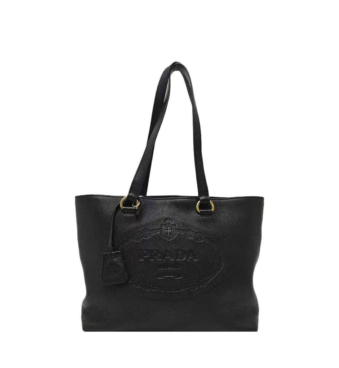 Prada Tote Bag Black Cowhide Leather Shoulder Bag Handbag Gold Hardware, Women's