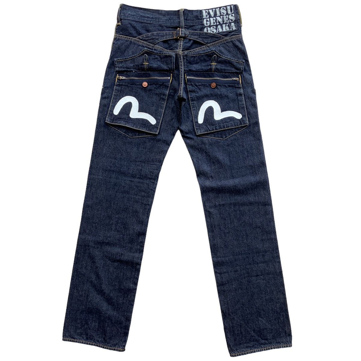 image of Need Gone Evisu Osaka Seagull Buckle Back Selvedge Jeans in Navy Denim, Men's (Size 30)