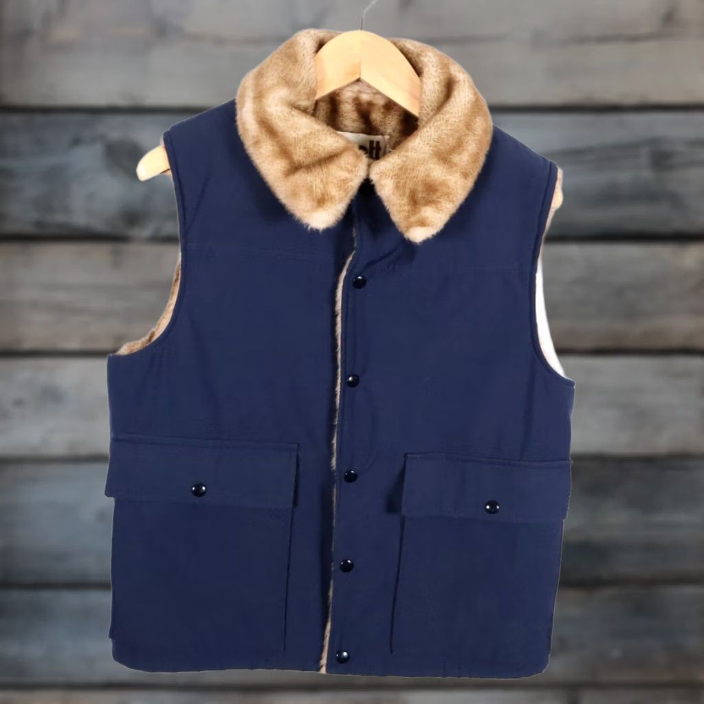 Schott VINTAGE Schott NYC Vest Men’s Large Dark Blue Faux Fur Lined Snap Button VTG Shirt Category: Vest Ladies? Size US L / EU 52-54 / 3 - 1 Thumbnail
