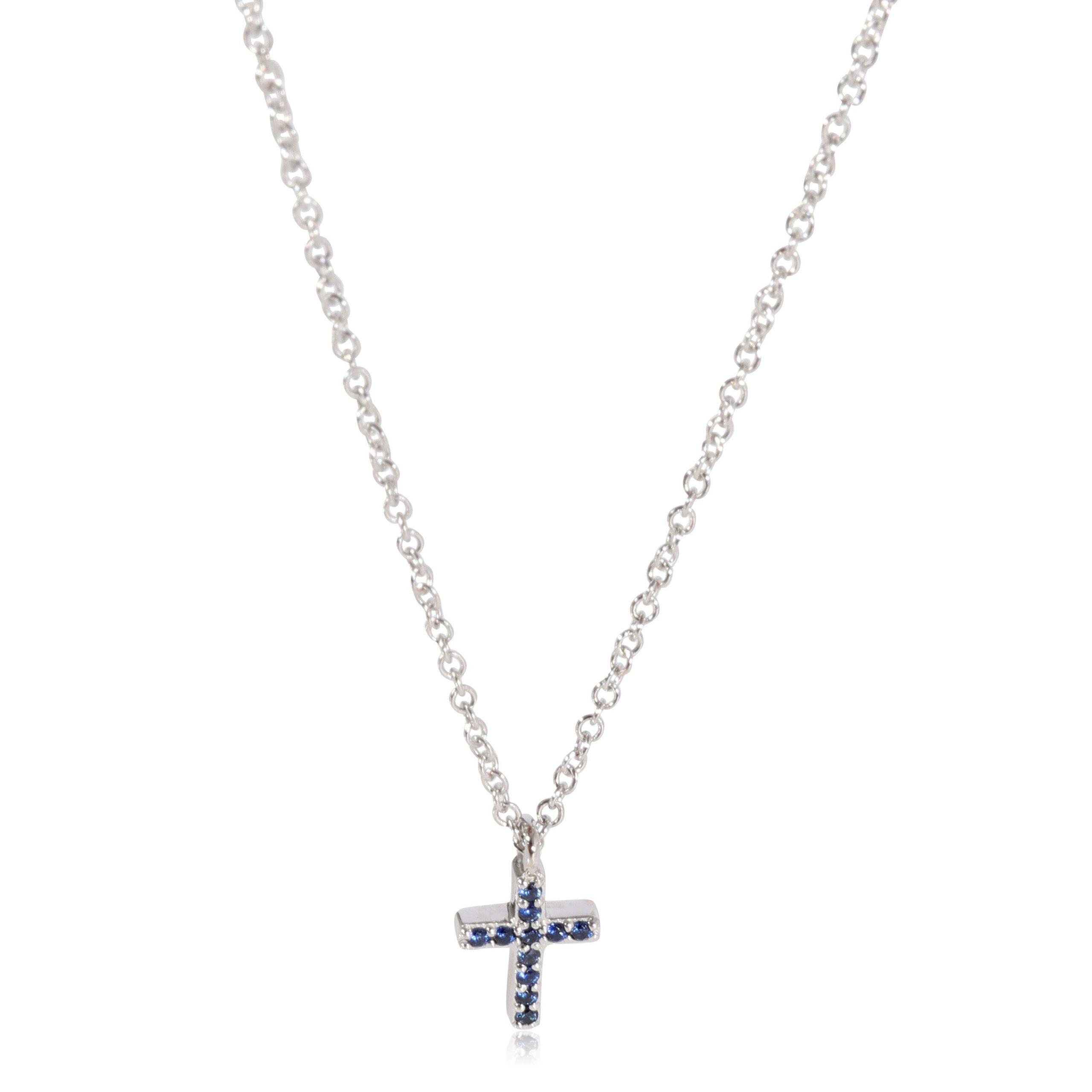 image of Tiffany Co Tiffany & Co. Blue Sapphire Mini Cross Pendant In 18K White Gold, Women's