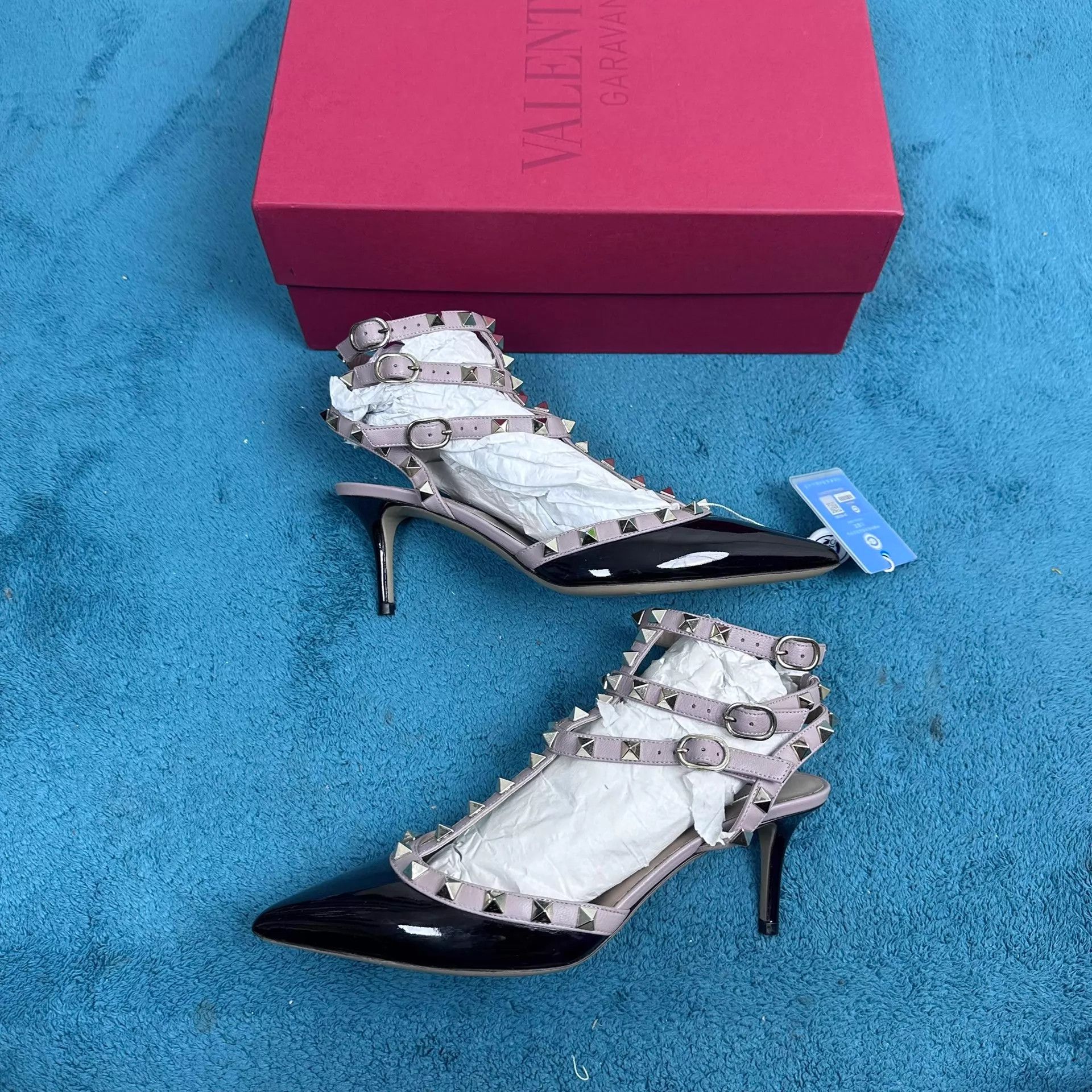 Valentino Valentino Rockstud Patent Pointed Triple Stud Heels Black Size US 6.5 / IT 36.5 - 2 Thumbnail