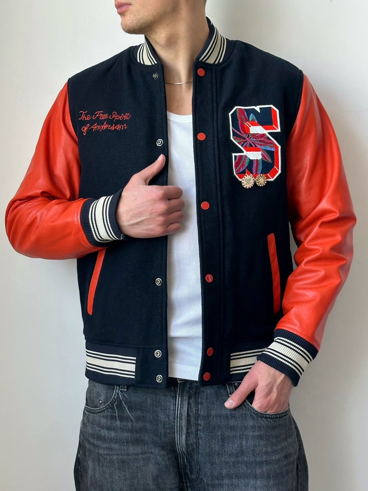 Scotch Soda Leather Wool Varsity College Bomber Jacket