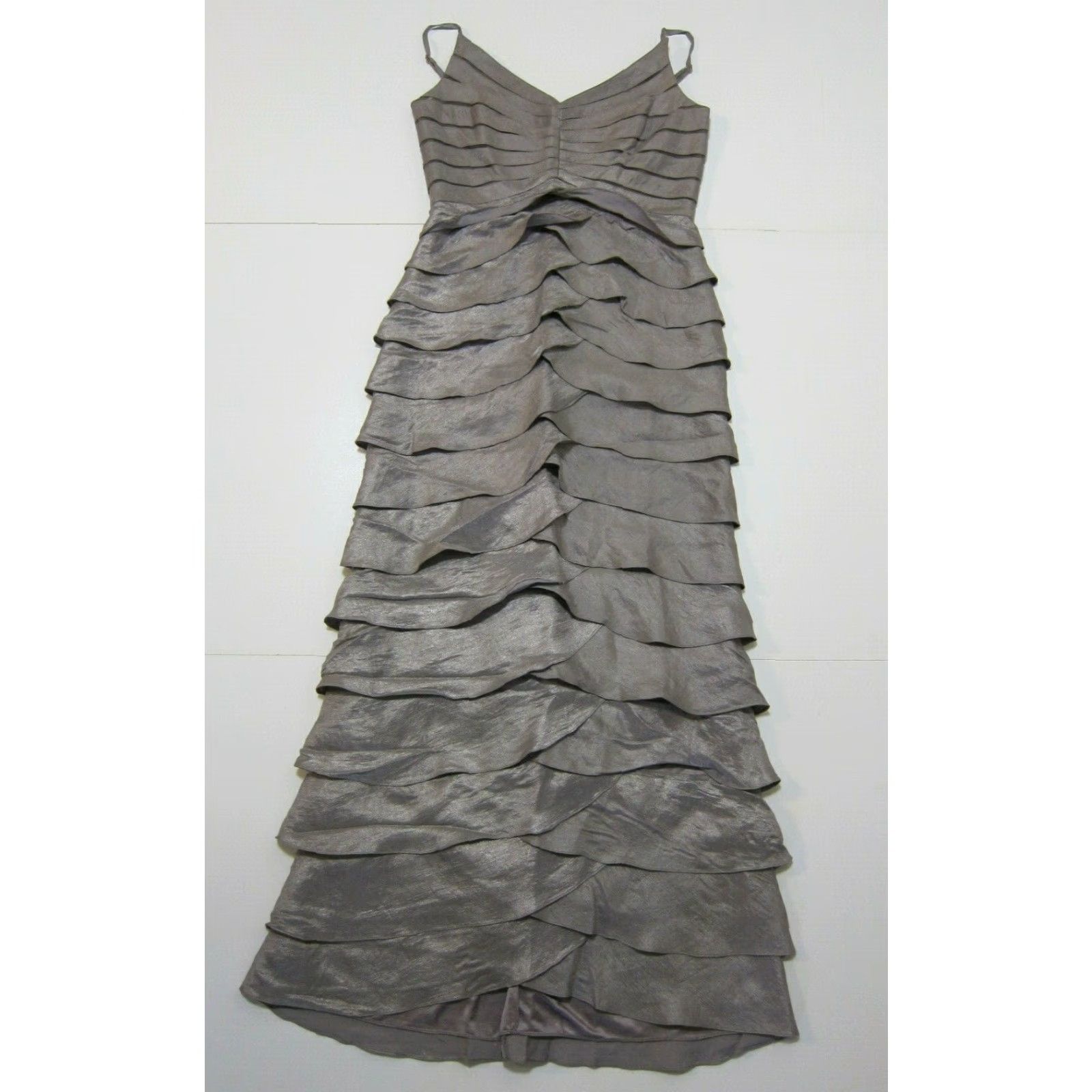 Adrianna Papell Adrianna Papell Grey Rayon Ruffle Spaghetti Strap Long Cocktail Dress Women 10 Size L / US 10 / IT 46 - 6 Thumbnail