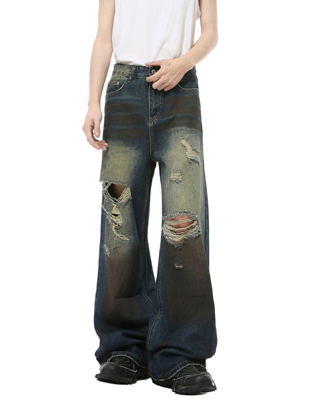 Vintage Men's Street Distressed Hip-Hop Ripped Straight-Leg Jeans Size US 32 / EU 48 - 1 Thumbnail