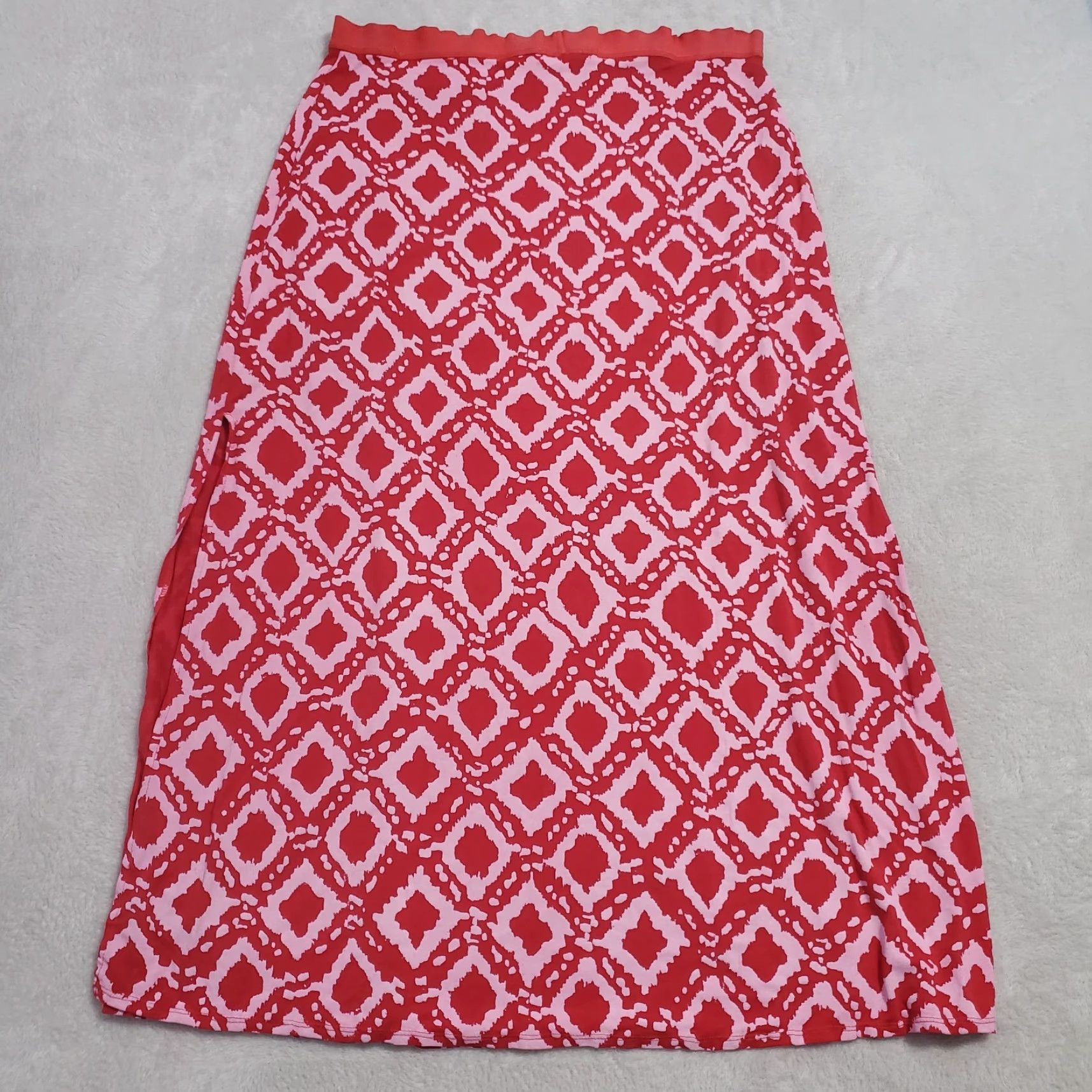 Pinko VINTAGE Fresh Produce Maxi Skirt Women XL Red Pink Geo Print Pull On Side Slit Boho USA Size 40" / US 18 - 2 Thumbnail