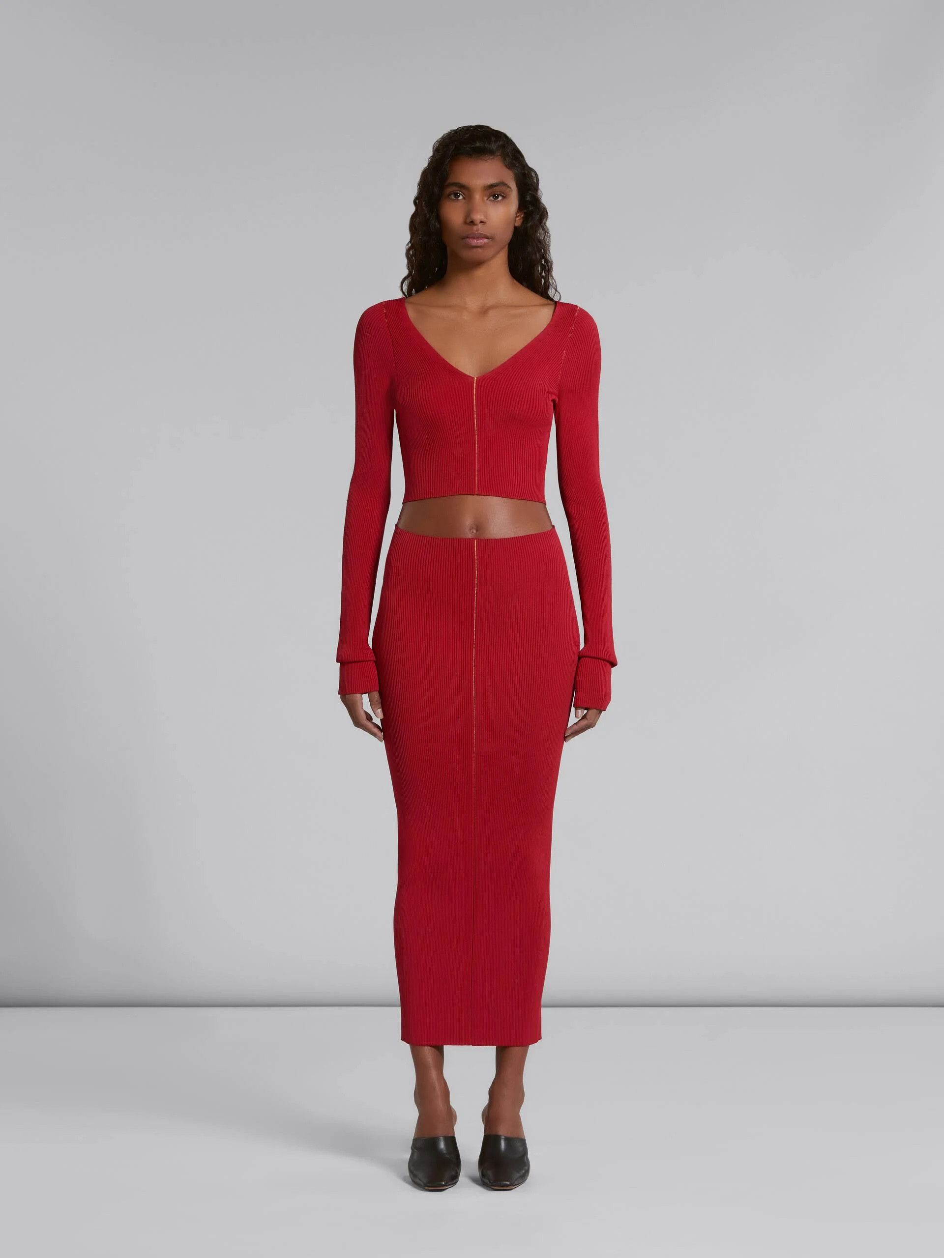 Marni o1w1db10824 Ribbed Knit Midi Skirt in Red Size 34" / US 12 / IT 48 - 2 Thumbnail