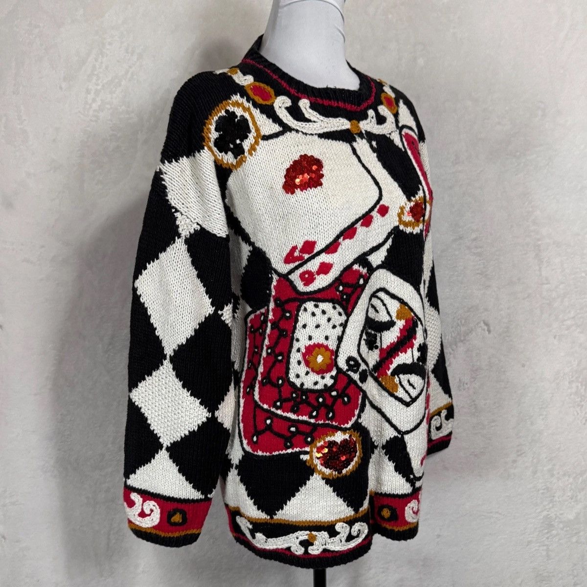 Other Vintage Limited Hand Knit Sweater S Queen of Hearts Cards Size XL / US 12-14 / IT 48-50 - 3 Thumbnail