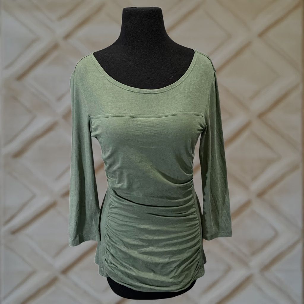 Theory Theory Green Ruched Long Sleeve Basic Top Womens Small Blouse Solid Slim Cotton Blend with Slit Size S / US 4 / IT 40 - 1 Thumbnail