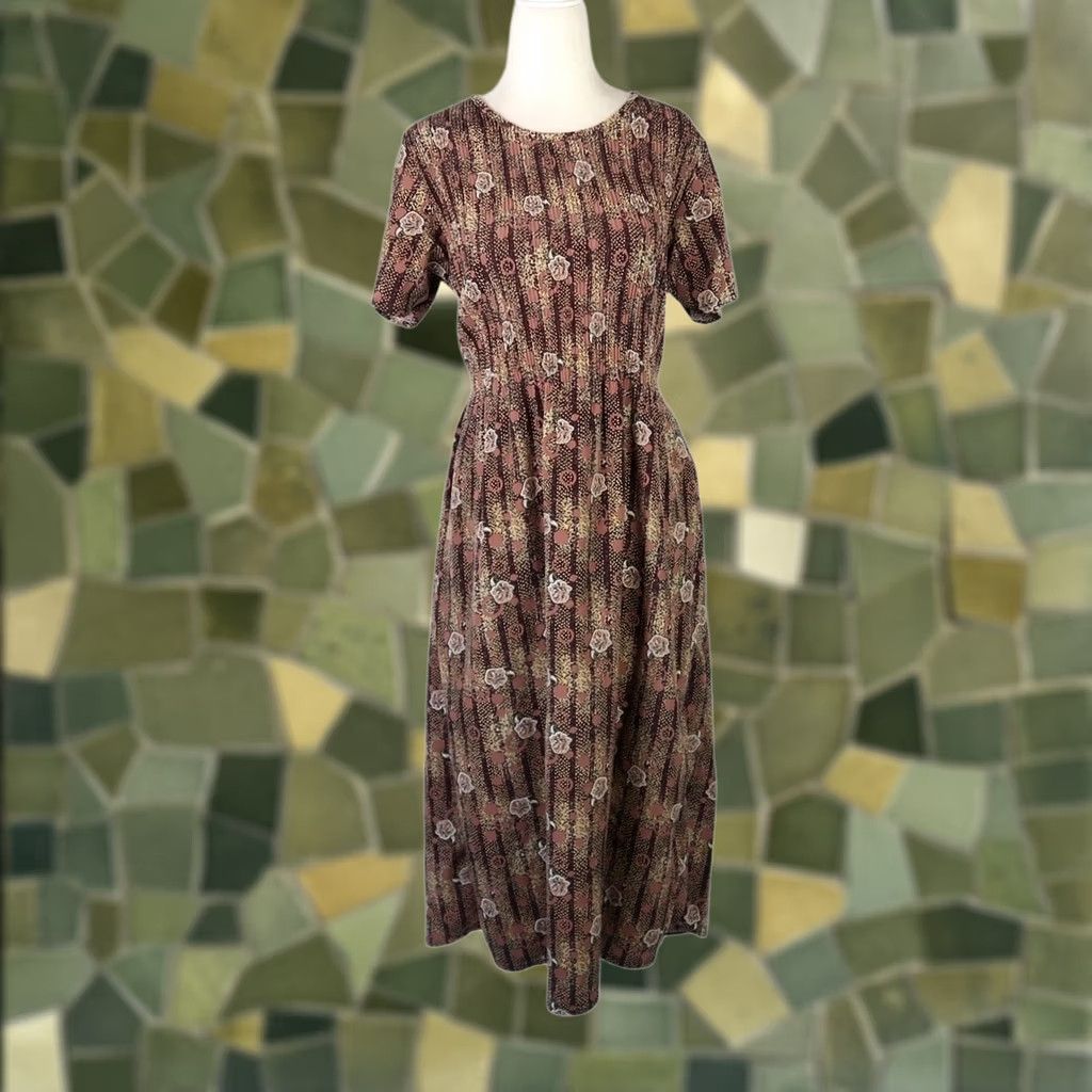 Doublet VINTAGE Brown Floral Print Scrunch Midi Dress M Womens 90s Cotton Size M / US 6-8 / IT 42-44 - 1 Thumbnail