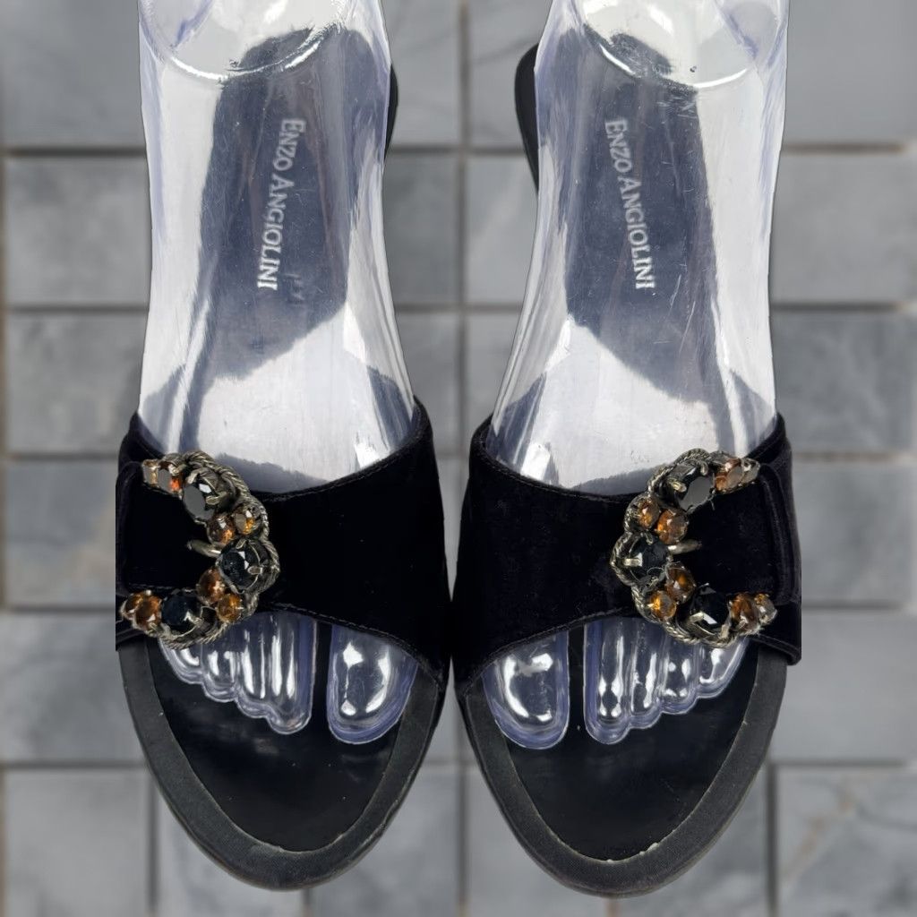 Vintage VINTAGE Enzo Angiolini Black Gold Bejeweled Open Toe Heels Pump Size 7.5 Women Size US 8 / IT 38 - 1 Thumbnail
