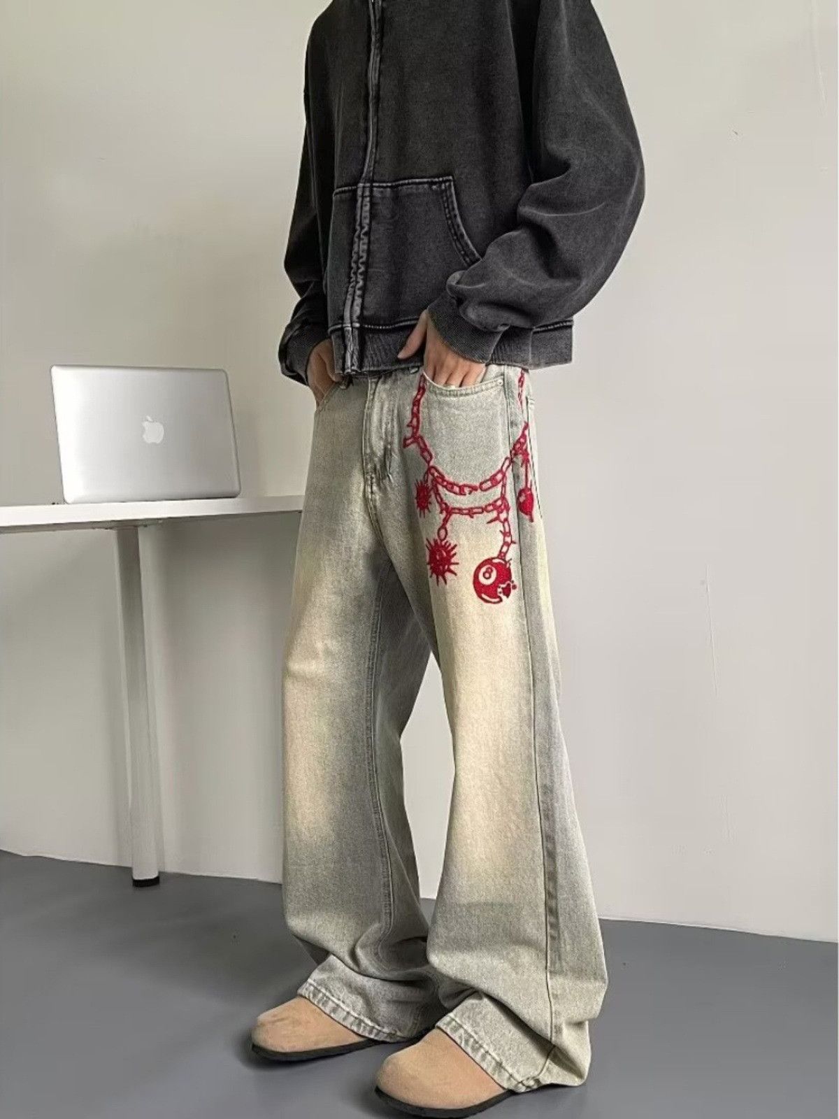 Japanese Brand Retro hip-hop men's straight leg flared embroidered jeans Size US 32 / EU 48 - 4 Thumbnail