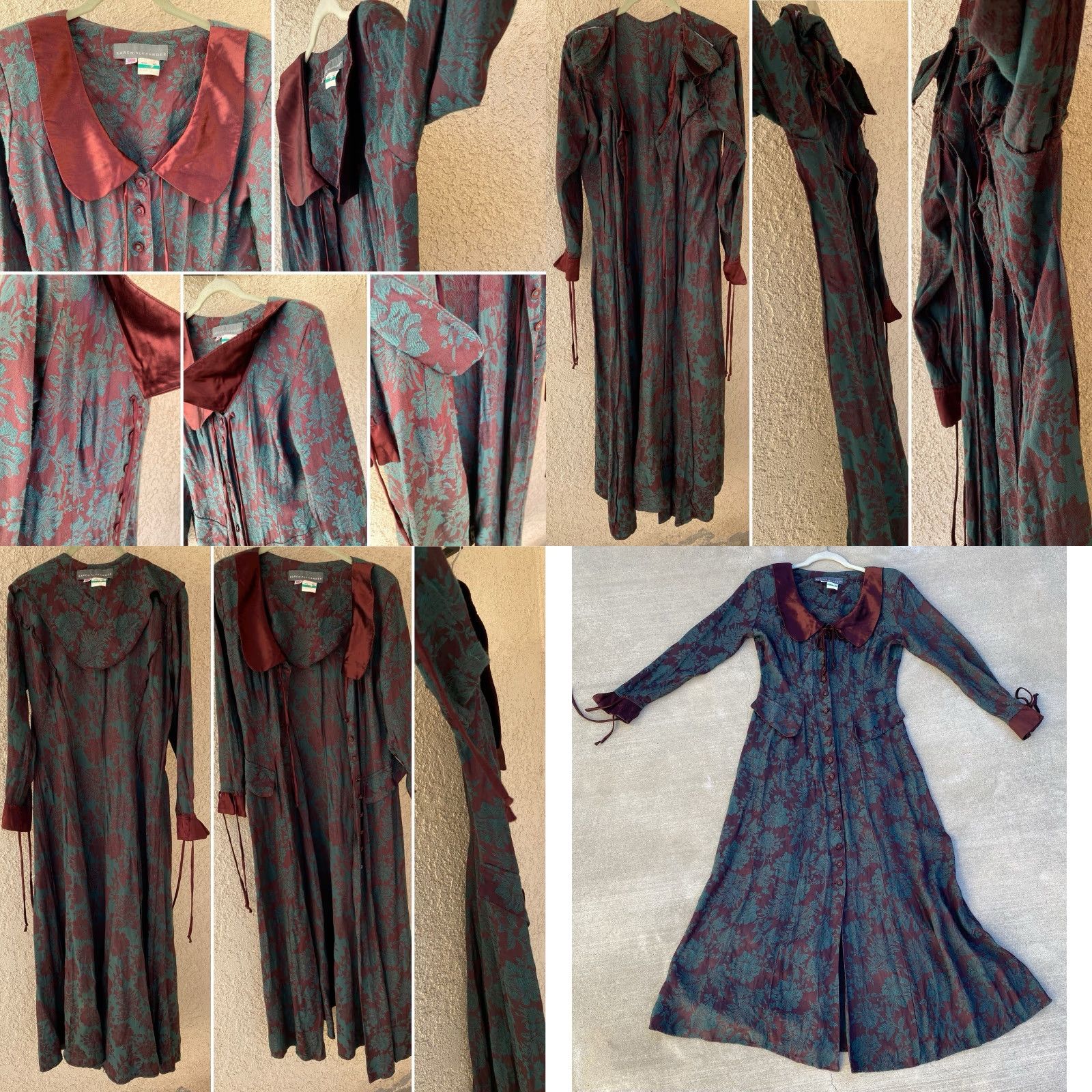 VINTAGE Karen Alexander Maxi Dress 1980s 1990s Floral Jacquard Burgundy Green USA 8 Red Bohemian Shirt?