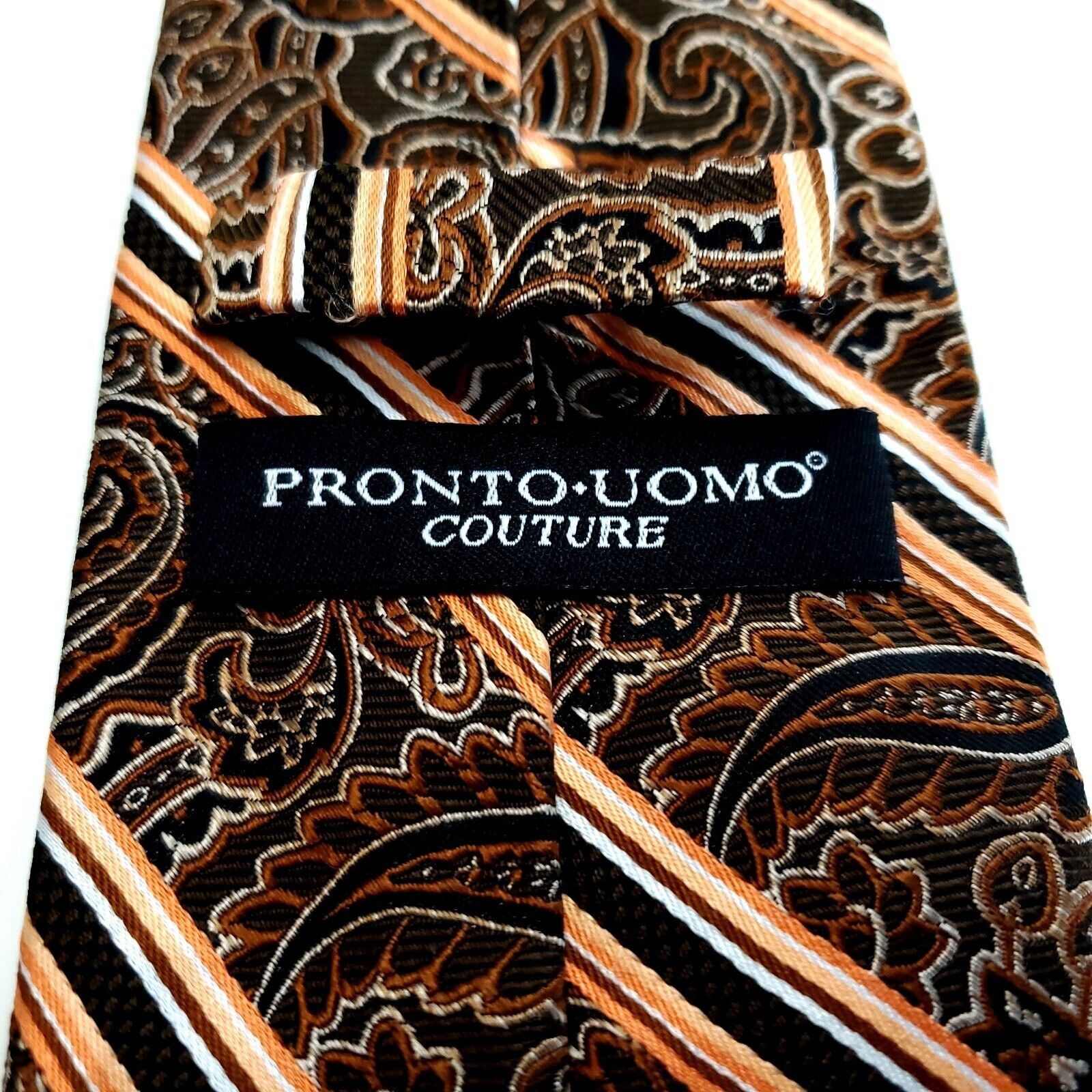 Pronto Uomo Pronto Uomo Couture Paisley Striped Brown Woven Silk Tie Size ONE SIZE - 3 Thumbnail