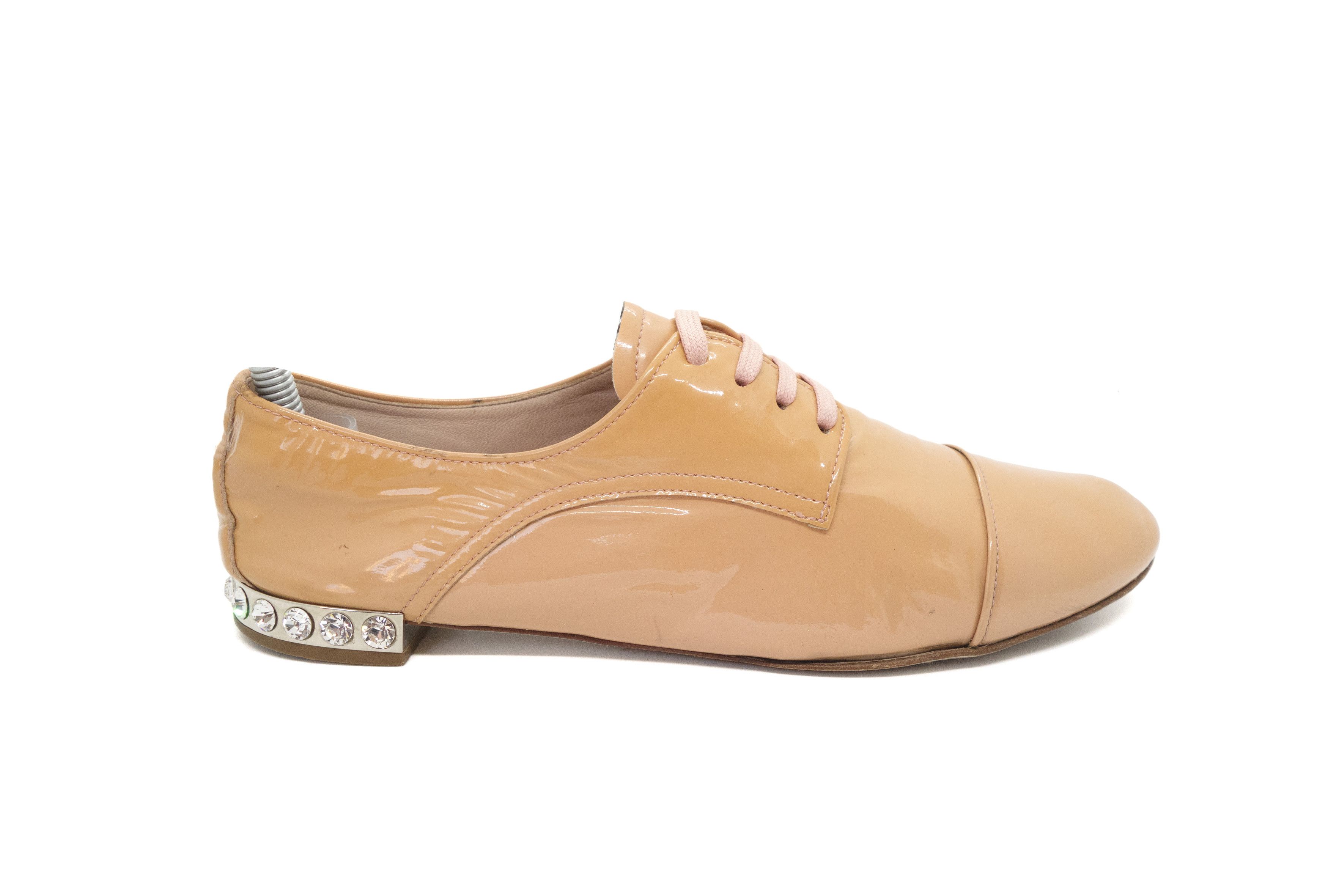 Miu Miu 00s Sesame Patent Leather Crystal Embellished Derby Shoes Size US 7.5 / IT 37.5 - 1 Thumbnail