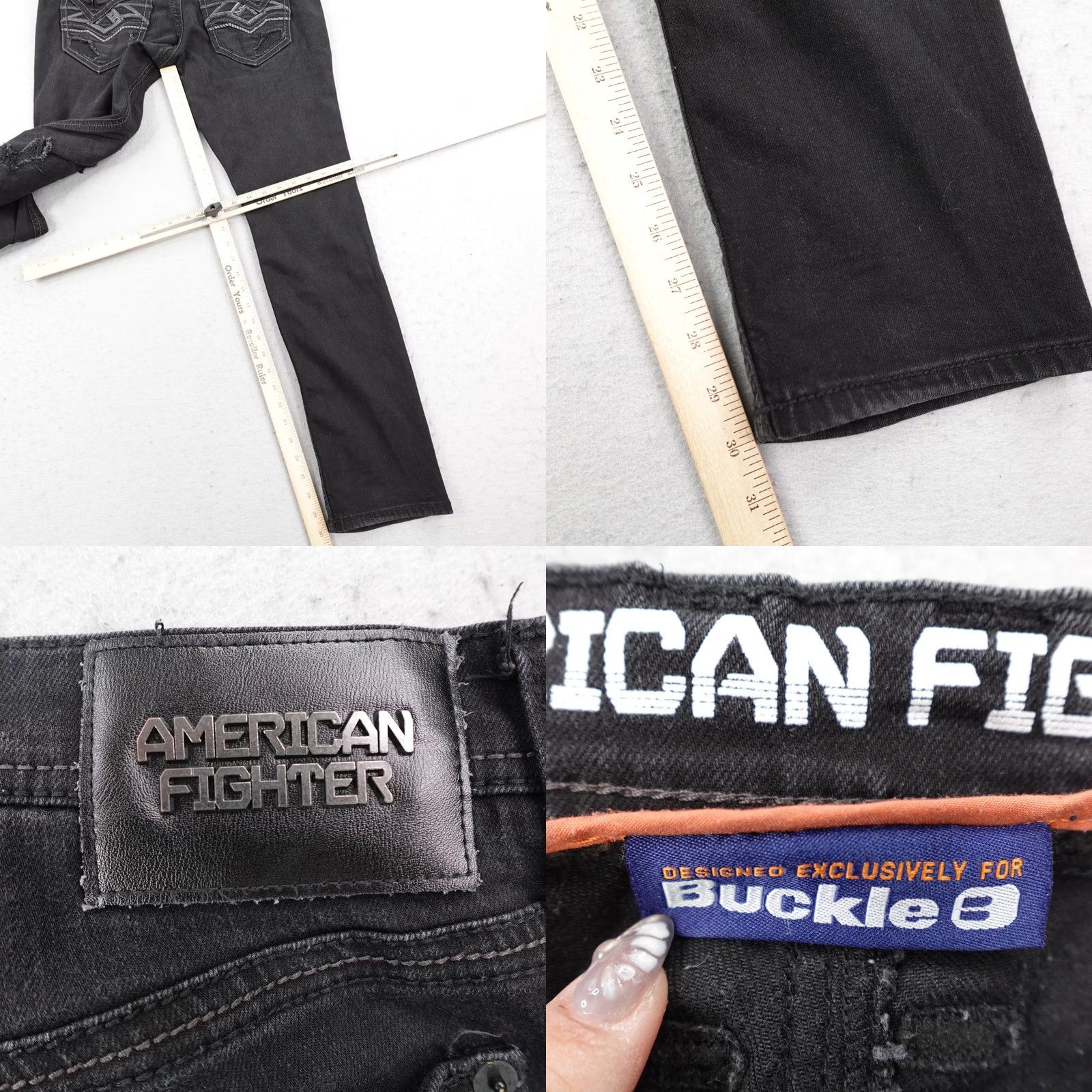 Vintage American Fighter Jeans Mens 31x30 Black Denim Straight Fit Distressed Buckle Size US 31 - 9 Thumbnail