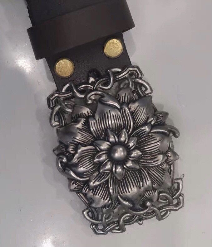Japanese Brand × Vintage Retro brown lotus carved western leather belt Size ONE SIZE - 6 Thumbnail